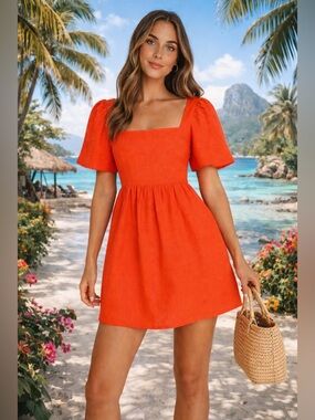 DAZE DAYZ Orange Linen Blend Puff Sleeve Mini Dress Size S